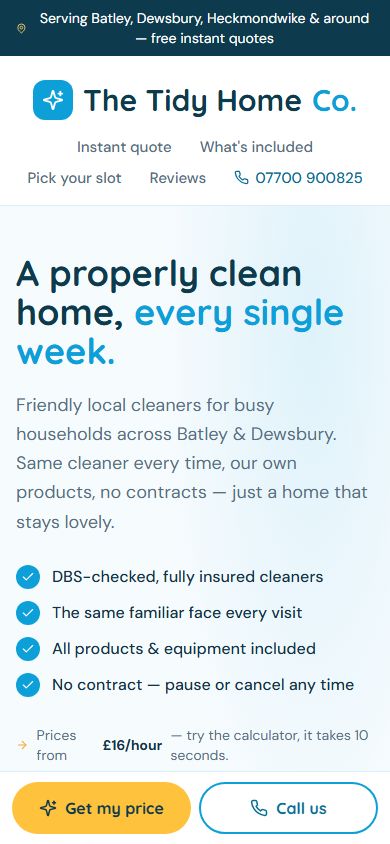Cleaners website on a phone